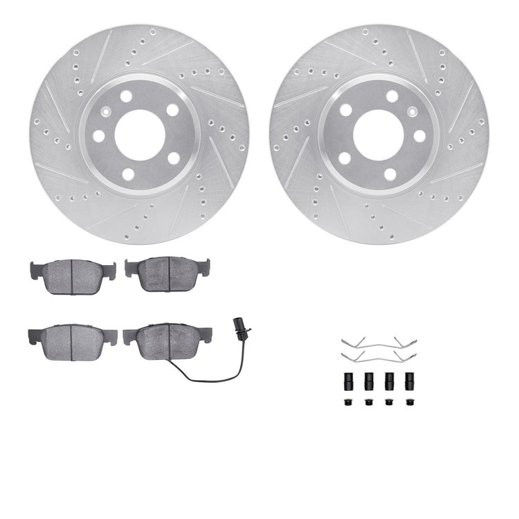 7312-73086 Drilled/Slotted Brake Rotor with 3000-Series Ceramic Brake Pads Kit & Hardware [Silver], Fits Select Audi/Volkswagen,