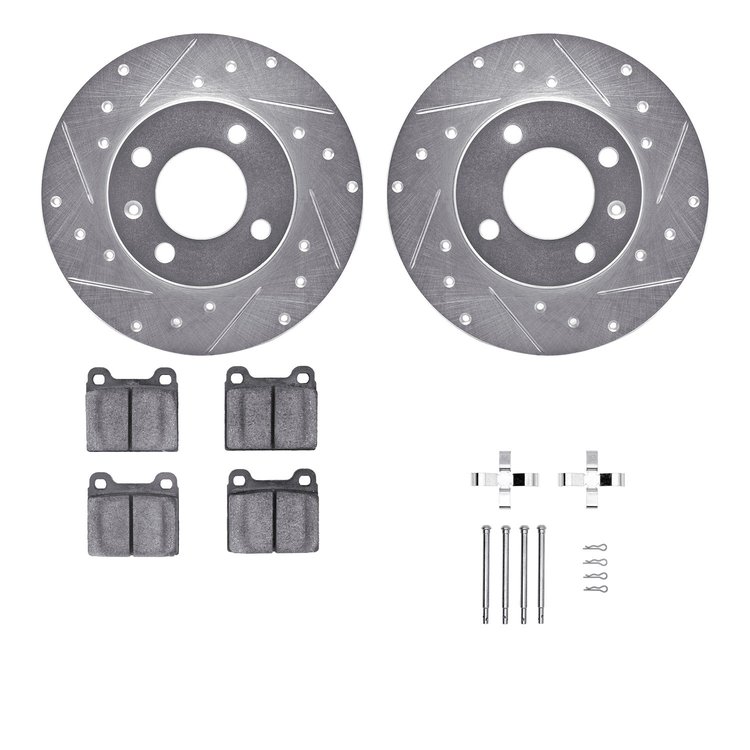 7312-74014 Drilled/Slotted Brake Rotor with 3000-Series Ceramic Brake Pads Kit & Hardware [Silver], 1973-1980 Audi/Volkswagen, P