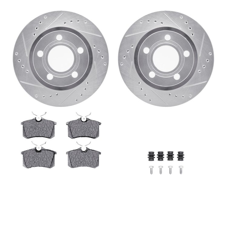 7312-74034 Drilled/Slotted Brake Rotor with 3000-Series Ceramic Brake Pads Kit & Hardware [Silver], 1999-2004 Audi/Volkswagen, P