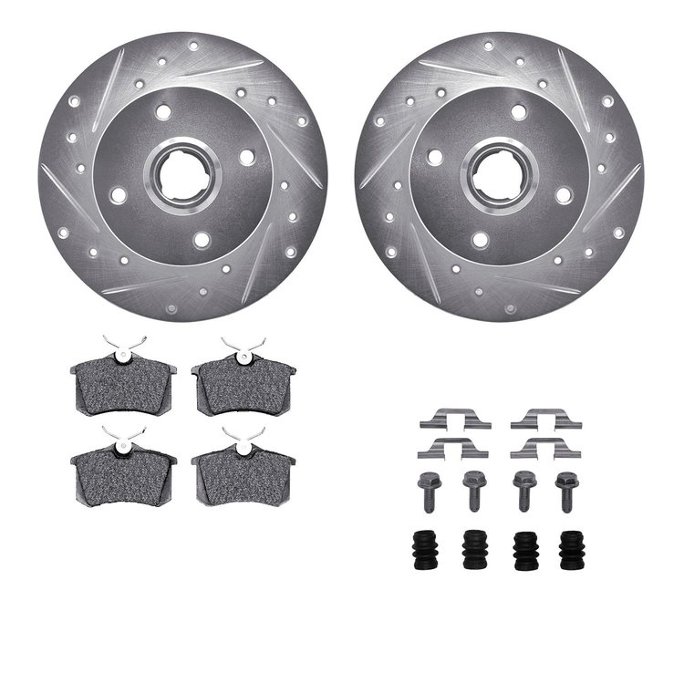 7312-74035 Drilled/Slotted Brake Rotor with 3000-Series Ceramic Brake Pads Kit & Hardware [Silver], 1999-1999 Audi/Volkswagen, P