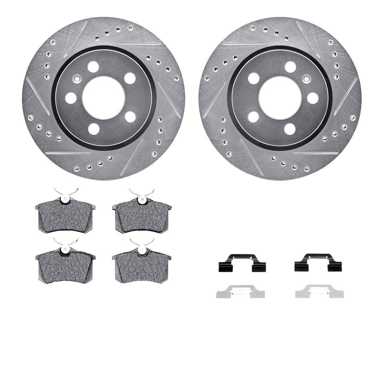 7312-74037 Drilled/Slotted Brake Rotor with 3000-Series Ceramic Brake Pads Kit & Hardware [Silver], 2003-2006 Audi/Volkswagen, P