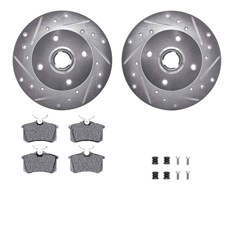 7312-74038 Drilled/Slotted Brake Rotor with 3000-Series Ceramic Brake Pads Kit & Hardware [Silver], 1985-1998 Audi/Volkswagen, P