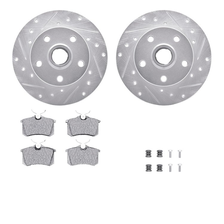 7312-74040 Drilled/Slotted Brake Rotor with 3000-Series Ceramic Brake Pads Kit & Hardware [Silver], 1994-1998 Audi/Volkswagen, P