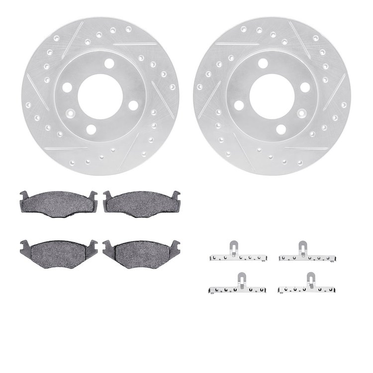 7312-74044 Drilled/Slotted Brake Rotor with 3000-Series Ceramic Brake Pads Kit & Hardware [Silver], 1984-1993 Audi/Volkswagen, P