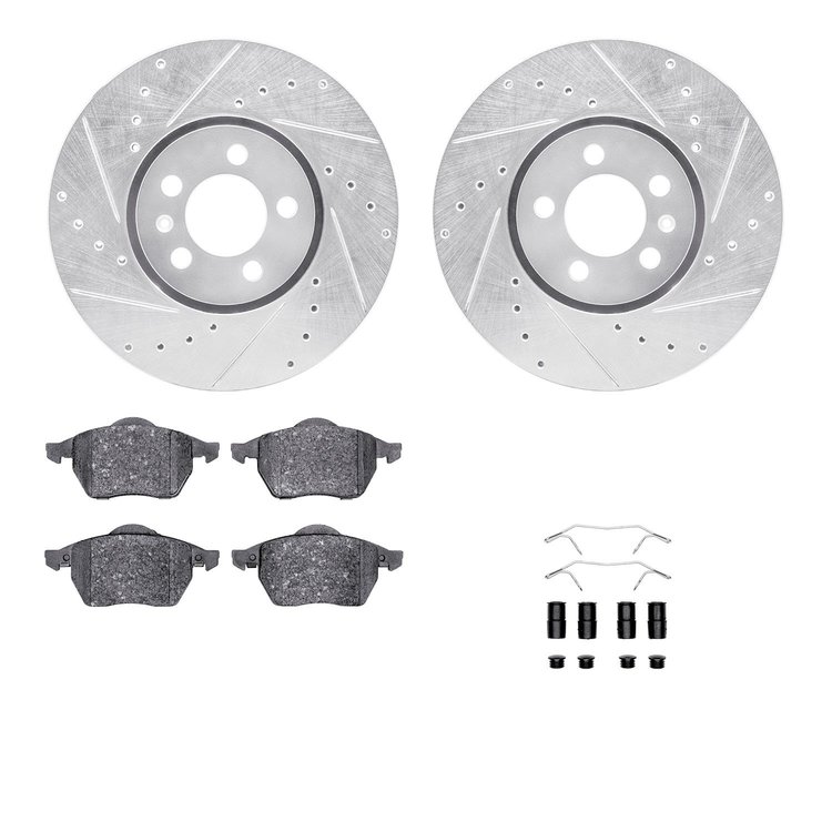 7312-74051 Drilled/Slotted Brake Rotor with 3000-Series Ceramic Brake Pads Kit & Hardware [Silver], 1996-1998 Audi/Volkswagen, P