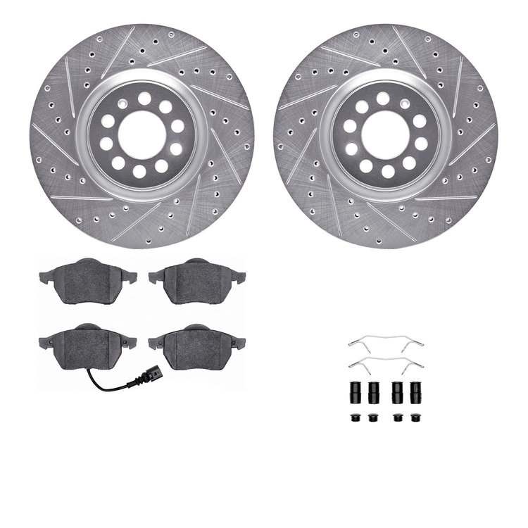 7312-74054 Drilled/Slotted Brake Rotor with 3000-Series Ceramic Brake Pads Kit & Hardware [Silver], 2000-2006 Audi/Volkswagen, P