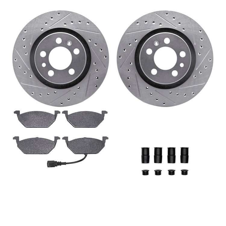 7312-74063 Drilled/Slotted Brake Rotor with 3000-Series Ceramic Brake Pads Kit & Hardware [Silver], 1998-2015 Audi/Volkswagen, P