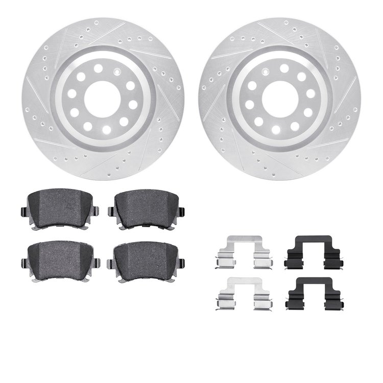 7312-74083 Drilled/Slotted Brake Rotor with 3000-Series Ceramic Brake Pads Kit & Hardware [Silver], 2006-2021 Audi/Volkswagen, P