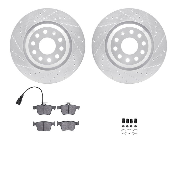 7312-74091 Drilled/Slotted Brake Rotor with 3000-Series Ceramic Brake Pads Kit & Hardware [Silver], Fits Select Audi/Volkswagen,