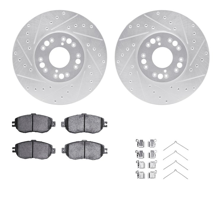 7312-75008 Drilled/Slotted Brake Rotor with 3000-Series Ceramic Brake Pads Kit & Hardware [Silver], 1993-1994 Lexus/Toyota/Scion