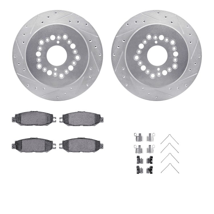 7312-75009 Drilled/Slotted Brake Rotor with 3000-Series Ceramic Brake Pads Kit & Hardware [Silver], 1993-2000 Lexus/Toyota/Scion