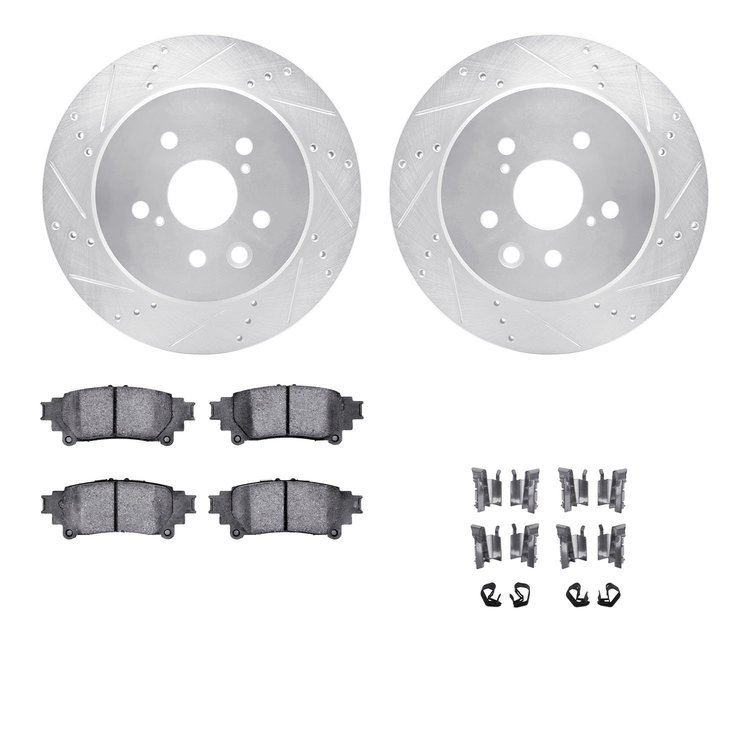 7312-75034 Drilled/Slotted Brake Rotor with 3000-Series Ceramic Brake Pads Kit & Hardware [Silver], 2013-2020 Lexus/Toyota/Scion