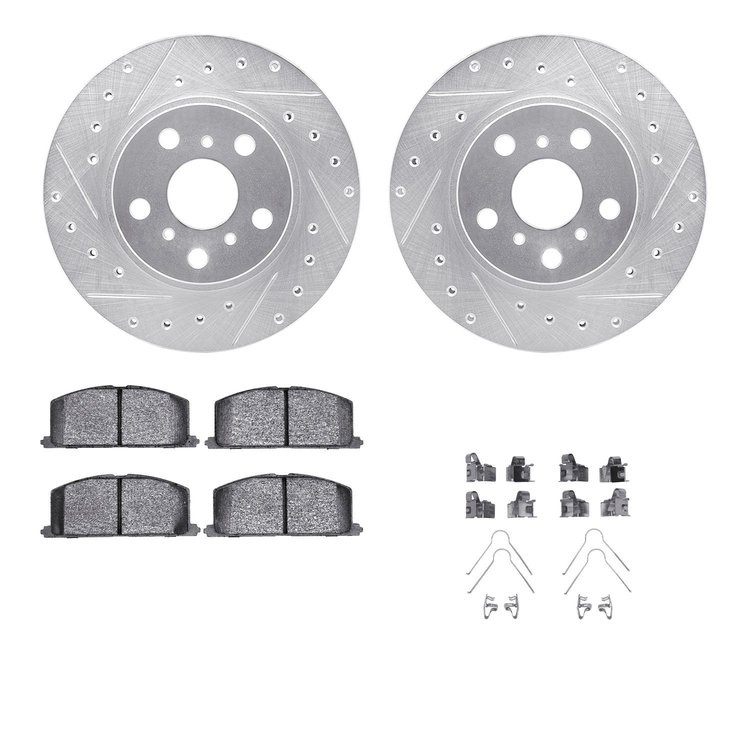 7312-76034 Drilled/Slotted Brake Rotor with 3000-Series Ceramic Brake Pads Kit & Hardware [Silver], 1986-1989 Lexus/Toyota/Scion
