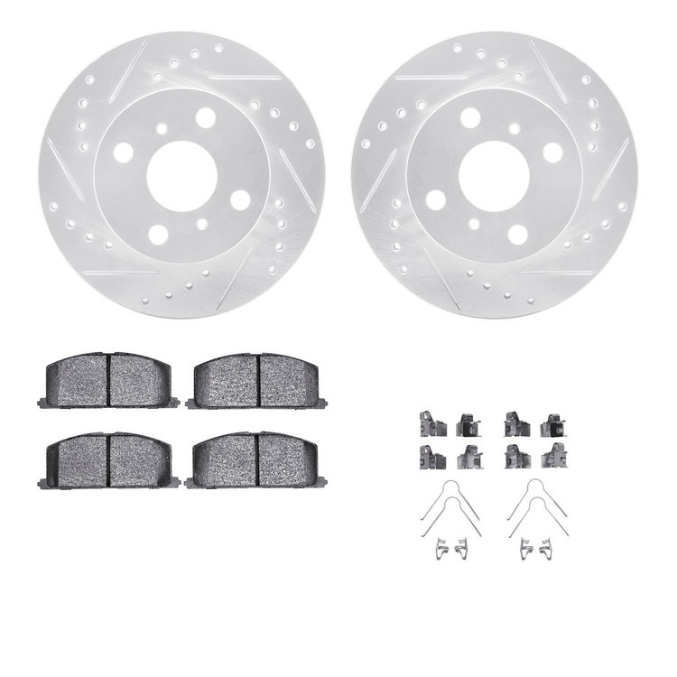 7312-76039 Drilled/Slotted Brake Rotor with 3000-Series Ceramic Brake Pads Kit & Hardware [Silver], 1991-1999 Lexus/Toyota/Scion