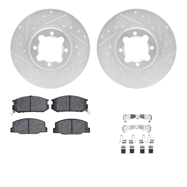 7312-76041 Drilled/Slotted Brake Rotor with 3000-Series Ceramic Brake Pads Kit & Hardware [Silver], 1982-1985 Lexus/Toyota/Scion