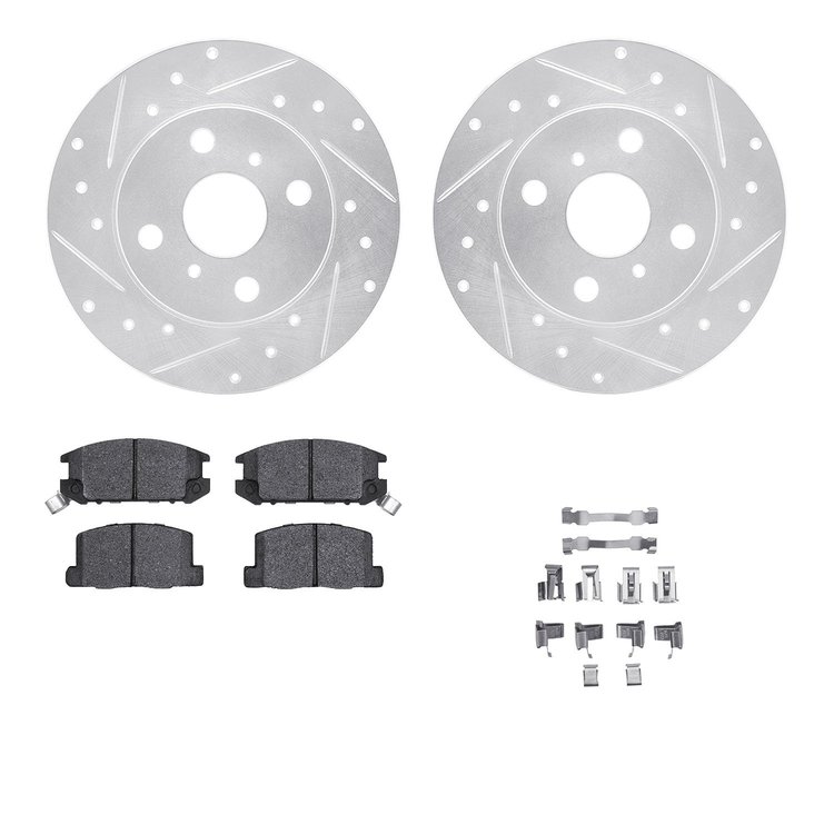 7312-76049 Drilled/Slotted Brake Rotor with 3000-Series Ceramic Brake Pads Kit & Hardware [Silver], 1985-1986 Lexus/Toyota/Scion