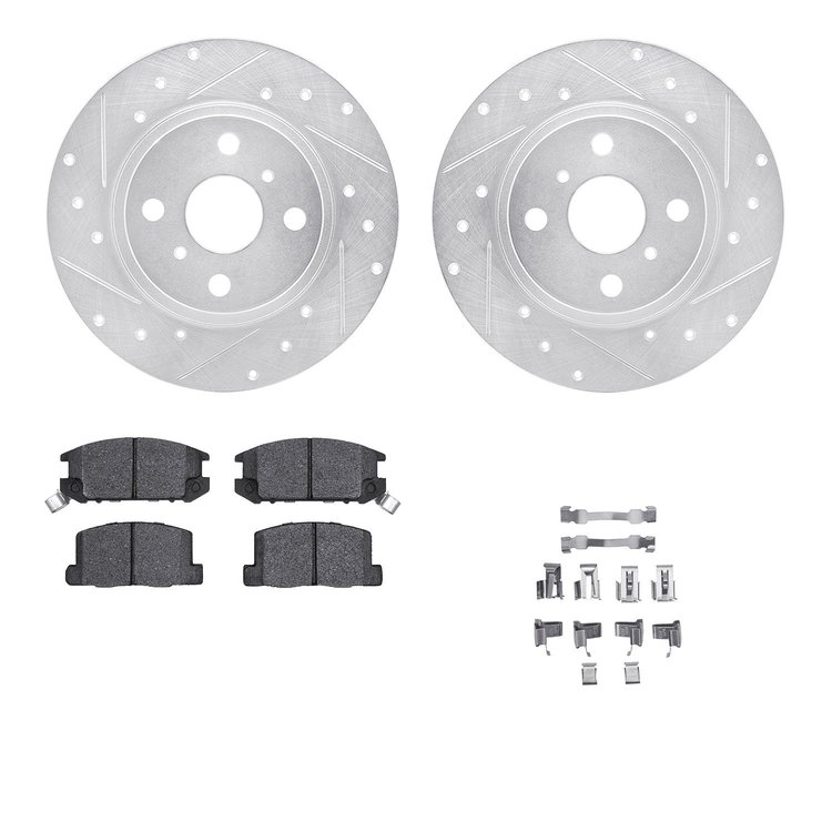7312-76050 Drilled/Slotted Brake Rotor with 3000-Series Ceramic Brake Pads Kit & Hardware [Silver], 1987-1989 Lexus/Toyota/Scion