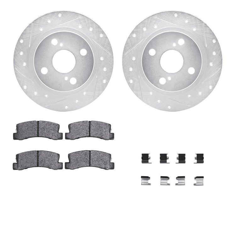 7312-76064 Drilled/Slotted Brake Rotor with 3000-Series Ceramic Brake Pads Kit & Hardware [Silver], 1987-1992 Multiple Makes/Mod