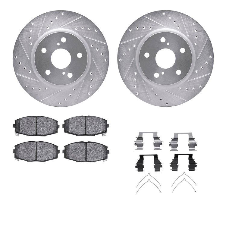 7312-76075 Drilled/Slotted Brake Rotor with 3000-Series Ceramic Brake Pads Kit & Hardware [Silver], 1986-1992 Lexus/Toyota/Scion