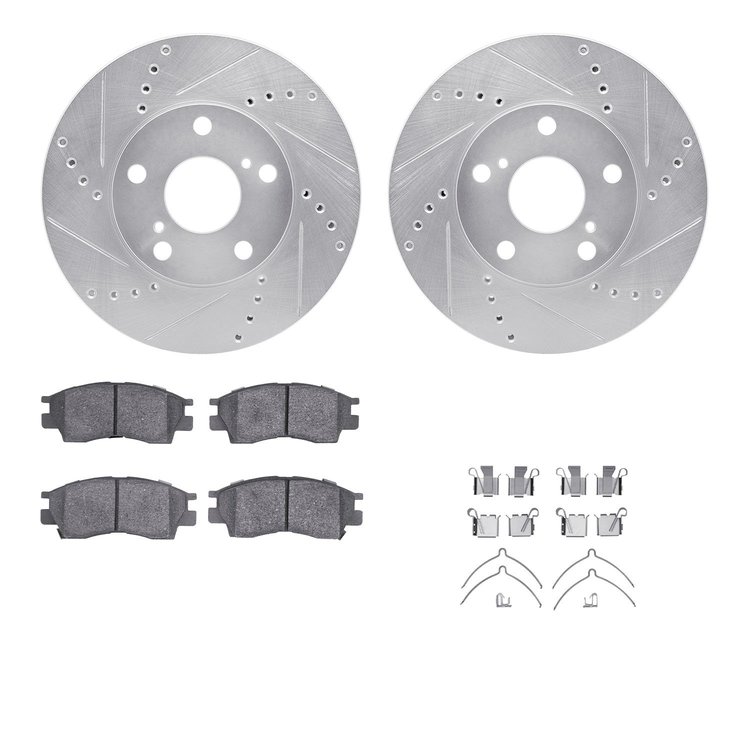 7312-76079 Drilled/Slotted Brake Rotor with 3000-Series Ceramic Brake Pads Kit & Hardware [Silver], 1992-1996 Lexus/Toyota/Scion