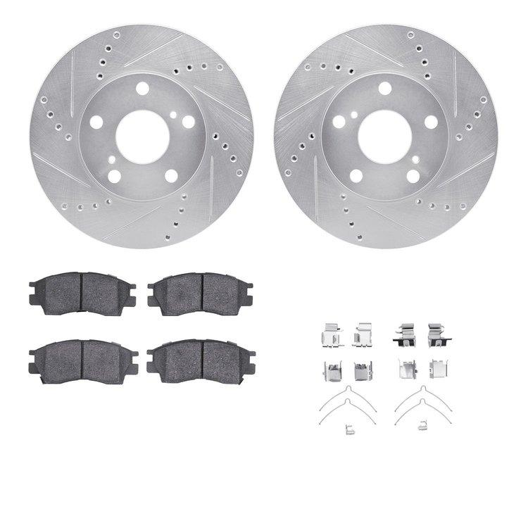 7312-76081 Drilled/Slotted Brake Rotor with 3000-Series Ceramic Brake Pads Kit & Hardware [Silver], 1995-2003 Lexus/Toyota/Scion