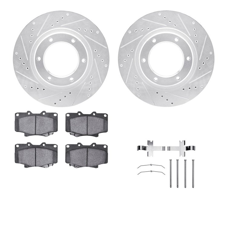 7312-76087 Drilled/Slotted Brake Rotor with 3000-Series Ceramic Brake Pads Kit & Hardware [Silver], 1993-1997 Lexus/Toyota/Scion
