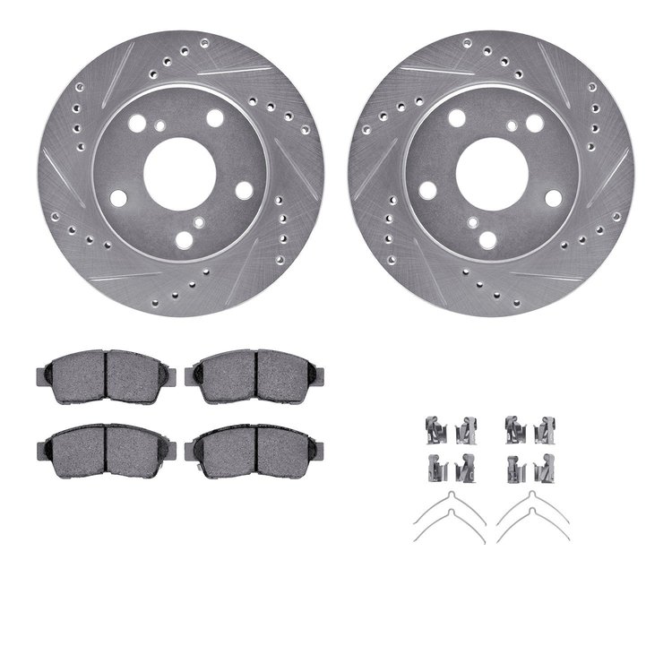 7312-76090 Drilled/Slotted Brake Rotor with 3000-Series Ceramic Brake Pads Kit & Hardware [Silver], 1992-1996 Lexus/Toyota/Scion
