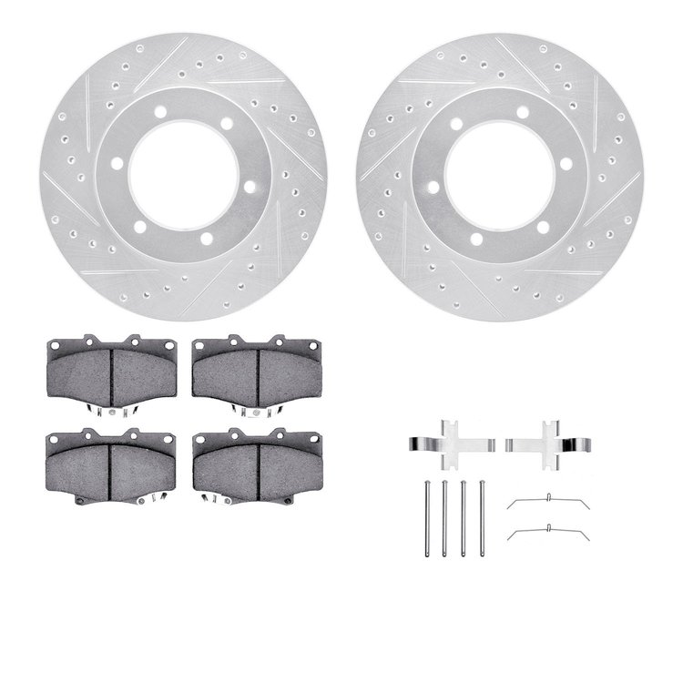 7312-76102 Drilled/Slotted Brake Rotor with 3000-Series Ceramic Brake Pads Kit & Hardware [Silver], 1991-1998 Lexus/Toyota/Scion
