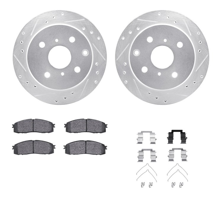7312-76106 Drilled/Slotted Brake Rotor with 3000-Series Ceramic Brake Pads Kit & Hardware [Silver], 1984-1987 Lexus/Toyota/Scion
