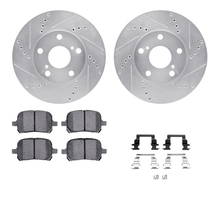 7312-76112 Drilled/Slotted Brake Rotor with 3000-Series Ceramic Brake Pads Kit & Hardware [Silver], 1997-2004 Lexus/Toyota/Scion