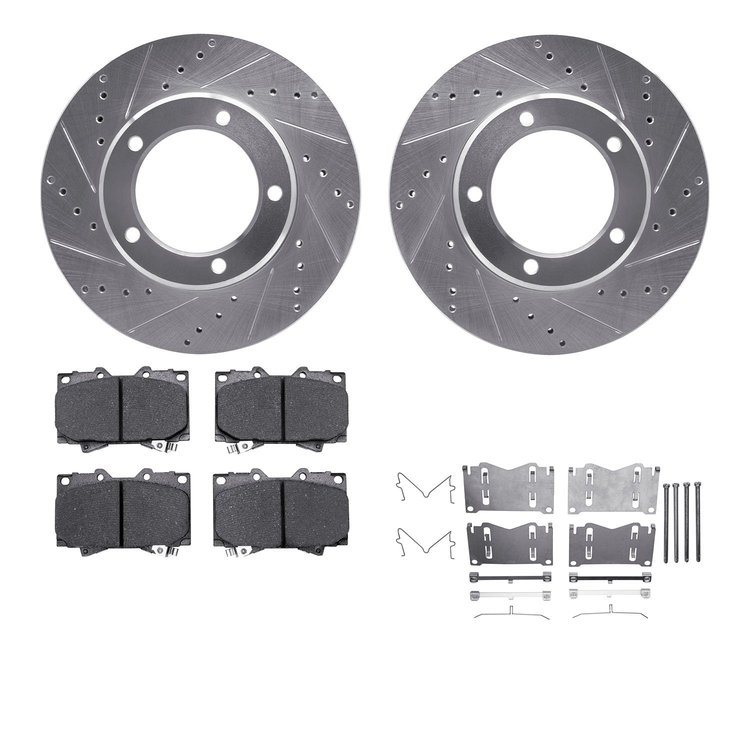 7312-76115 Drilled/Slotted Brake Rotor with 3000-Series Ceramic Brake Pads Kit & Hardware [Silver], 1998-2007 Lexus/Toyota/Scion