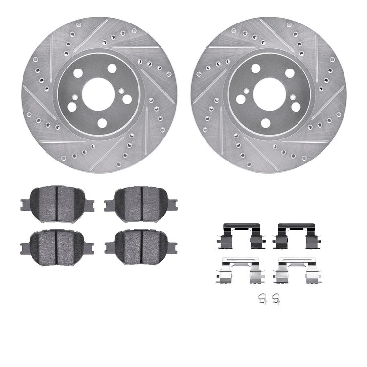 7312-76118 Drilled/Slotted Brake Rotor with 3000-Series Ceramic Brake Pads Kit & Hardware [Silver], 2000-2010 Lexus/Toyota/Scion