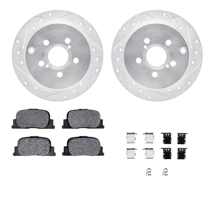 7312-76129 Drilled/Slotted Brake Rotor with 3000-Series Ceramic Brake Pads Kit & Hardware [Silver], 2005-2010 Lexus/Toyota/Scion
