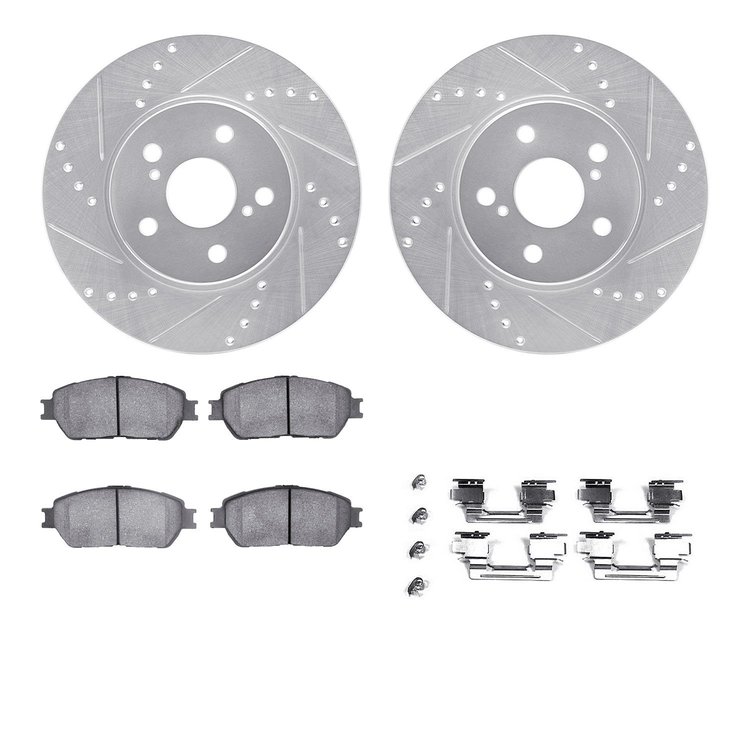 7312-76136 Drilled/Slotted Brake Rotor with 3000-Series Ceramic Brake Pads Kit & Hardware [Silver], 2002-2006 Lexus/Toyota/Scion