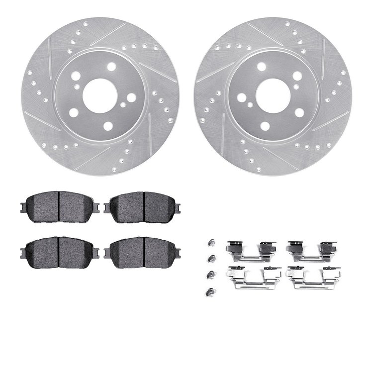 7312-76137 Drilled/Slotted Brake Rotor with 3000-Series Ceramic Brake Pads Kit & Hardware [Silver], 2004-2010 Lexus/Toyota/Scion