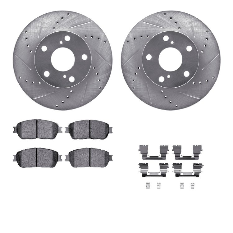 7312-76138 Drilled/Slotted Brake Rotor with 3000-Series Ceramic Brake Pads Kit & Hardware [Silver], 2005-2015 Lexus/Toyota/Scion