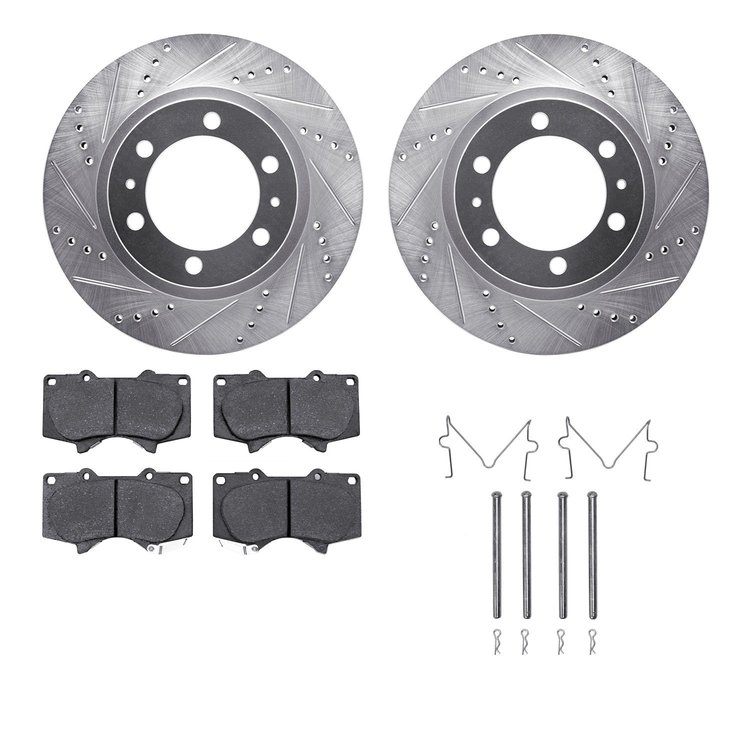 7312-76147 Drilled/Slotted Brake Rotor with 3000-Series Ceramic Brake Pads Kit & Hardware [Silver], Fits Select Lexus/Toyota/Sci