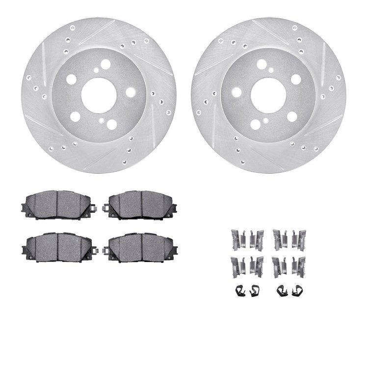 7312-76156 Drilled/Slotted Brake Rotor with 3000-Series Ceramic Brake Pads Kit & Hardware [Silver], Fits Select Lexus/Toyota/Sci