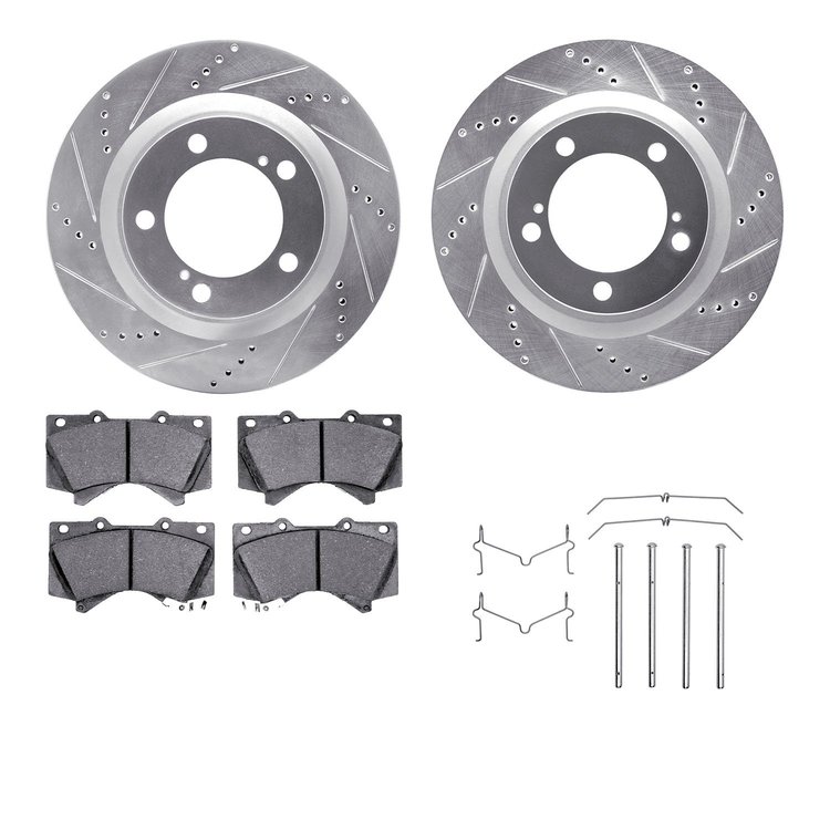7312-76161 Drilled/Slotted Brake Rotor with 3000-Series Ceramic Brake Pads Kit & Hardware [Silver], Fits Select Lexus/Toyota/Sci