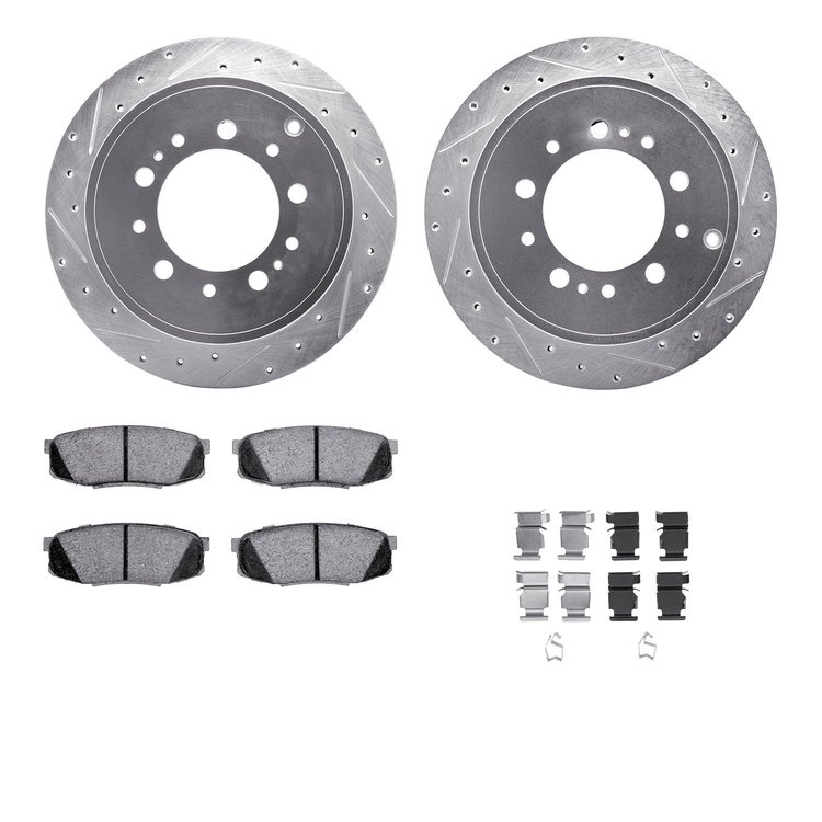 7312-76163 Drilled/Slotted Brake Rotor with 3000-Series Ceramic Brake Pads Kit & Hardware [Silver], Fits Select Lexus/Toyota/Sci