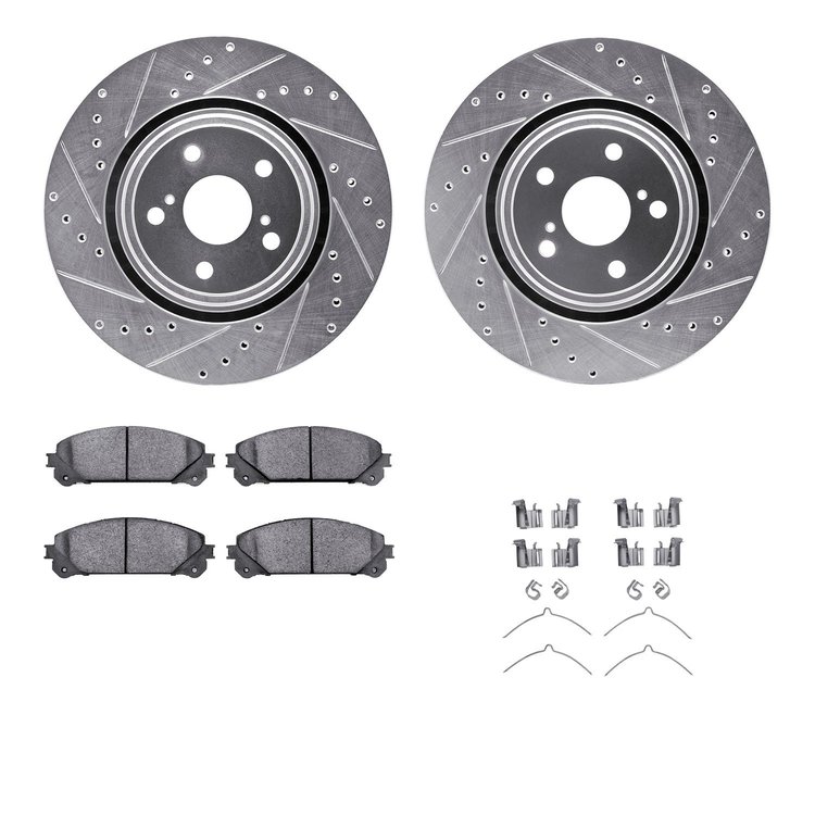 7312-76164 Drilled/Slotted Brake Rotor with 3000-Series Ceramic Brake Pads Kit & Hardware [Silver], 2008-2021 Lexus/Toyota/Scion