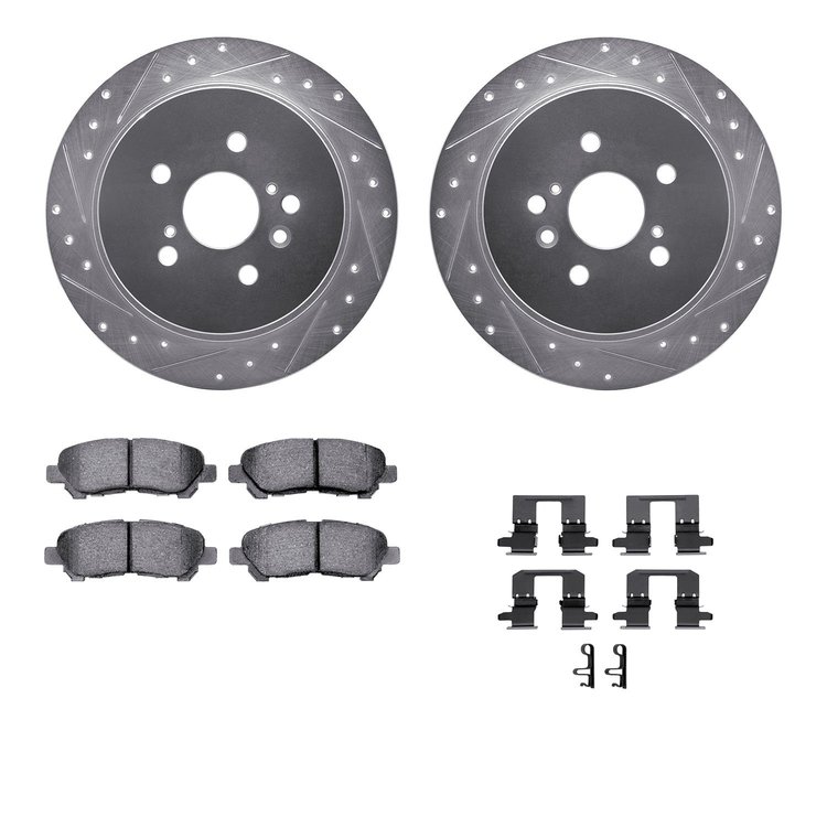 7312-76165 Drilled/Slotted Brake Rotor with 3000-Series Ceramic Brake Pads Kit & Hardware [Silver], 2008-2013 Lexus/Toyota/Scion