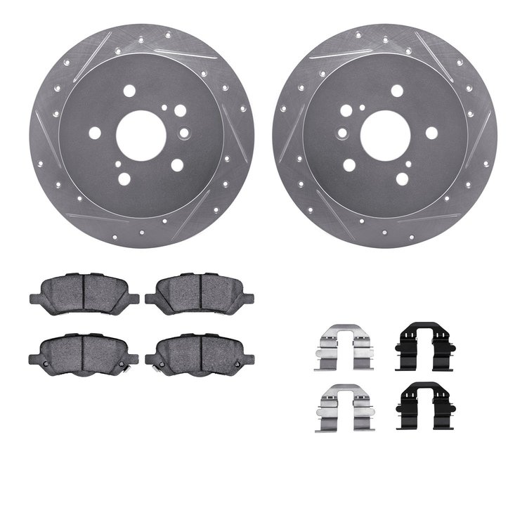 7312-76169 Drilled/Slotted Brake Rotor with 3000-Series Ceramic Brake Pads Kit & Hardware [Silver], 2009-2015 Lexus/Toyota/Scion