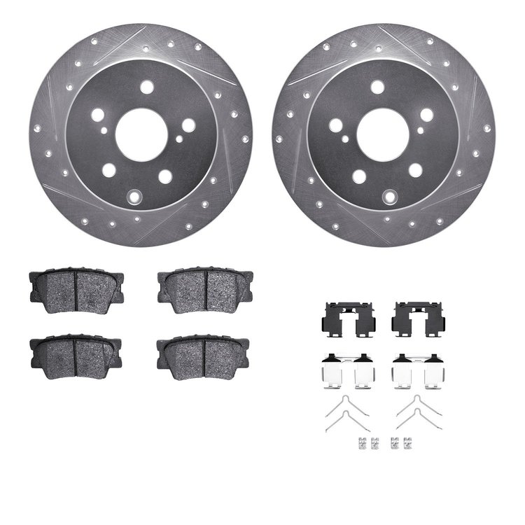7312-76177 Drilled/Slotted Brake Rotor with 3000-Series Ceramic Brake Pads Kit & Hardware [Silver], 2006-2018 Lexus/Toyota/Scion