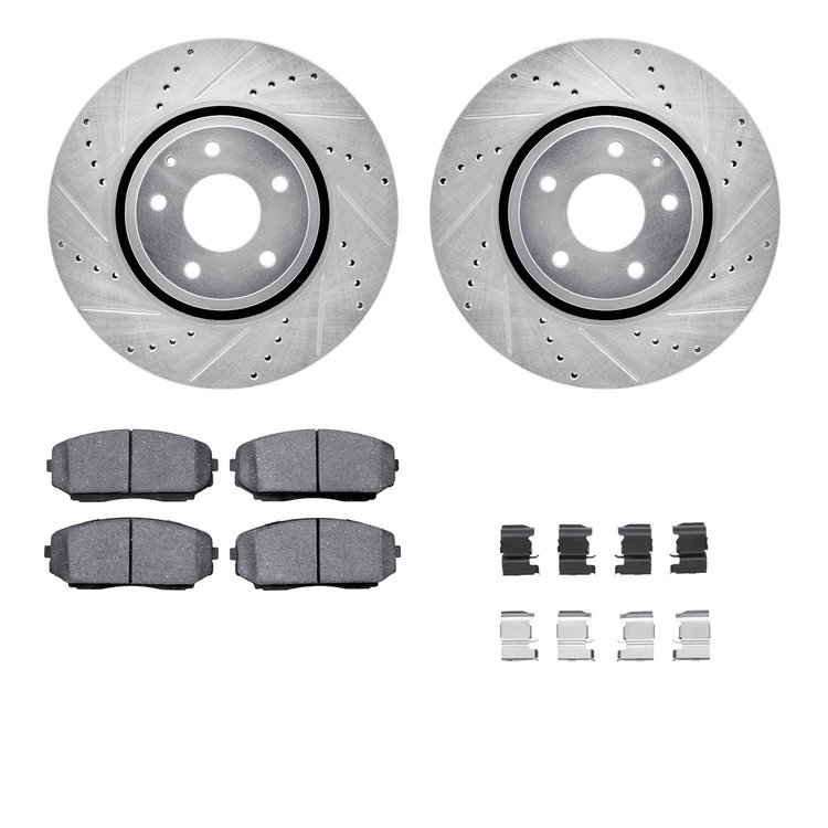 7312-80068 Drilled/Slotted Brake Rotor with 3000-Series Ceramic Brake Pads Kit & Hardware [Silver], Fits Select Ford/Lincoln/Mer
