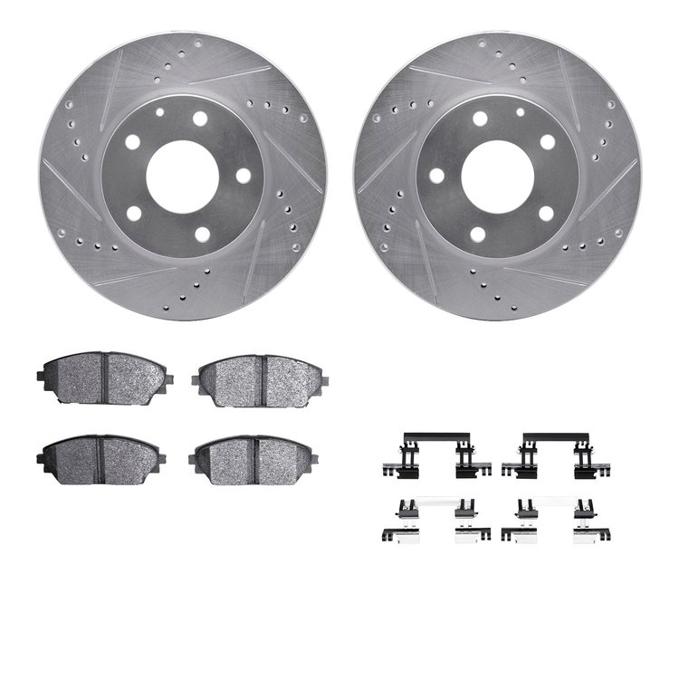7312-80081 Drilled/Slotted Brake Rotor with 3000-Series Ceramic Brake Pads Kit & Hardware [Silver], Fits Select Ford/Lincoln/Mer