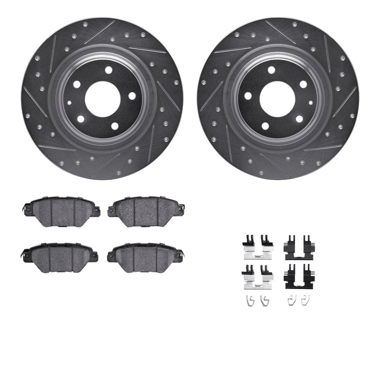 7312-80087 Drilled/Slotted Brake Rotor with 3000-Series Ceramic Brake Pads Kit & Hardware [Silver], Fits Select Ford/Lincoln/Mer