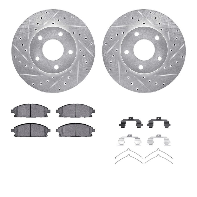 7312-92004 Drilled/Slotted Brake Rotor with 3000-Series Ceramic Brake Pads Kit & Hardware [Silver], 2002-2007 Infiniti/Nissan, P