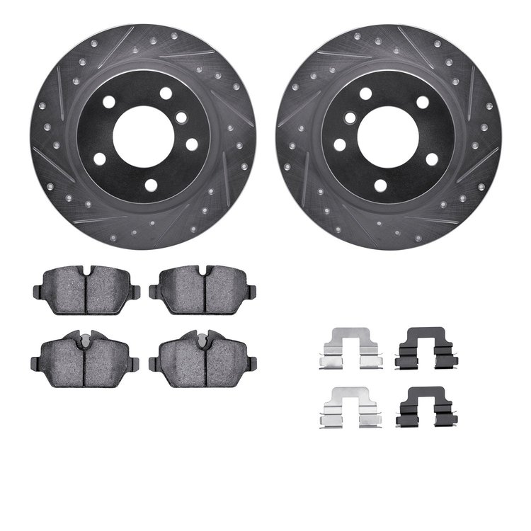 7312-92009 Drilled/Slotted Brake Rotor with 3000-Series Ceramic Brake Pads Kit & Hardware [Silver], 2005-2012 BMW, Position: Rea