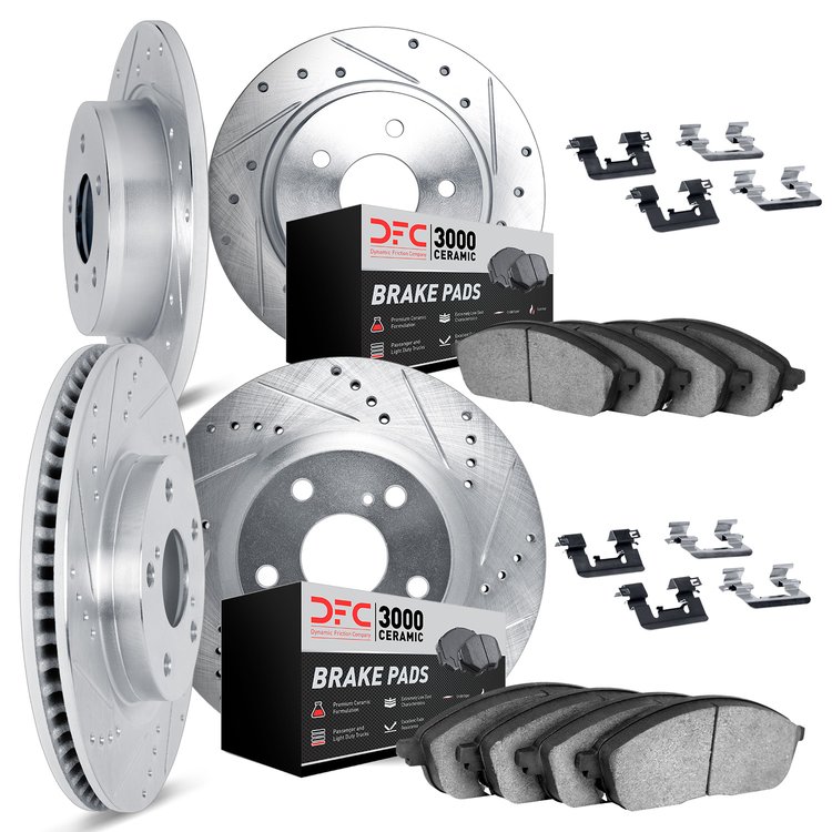 7314-13013 Drilled/Slotted Brake Rotor with 3000-Series Ceramic Brake Pads Kit & Hardware [Silver], 2002-2003 Subaru, Position: 